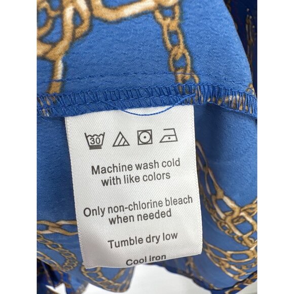 C. Wonder dress Blue Chain Print Long Sleeve tie belt shirtdress size large new - Picture 5 of 9